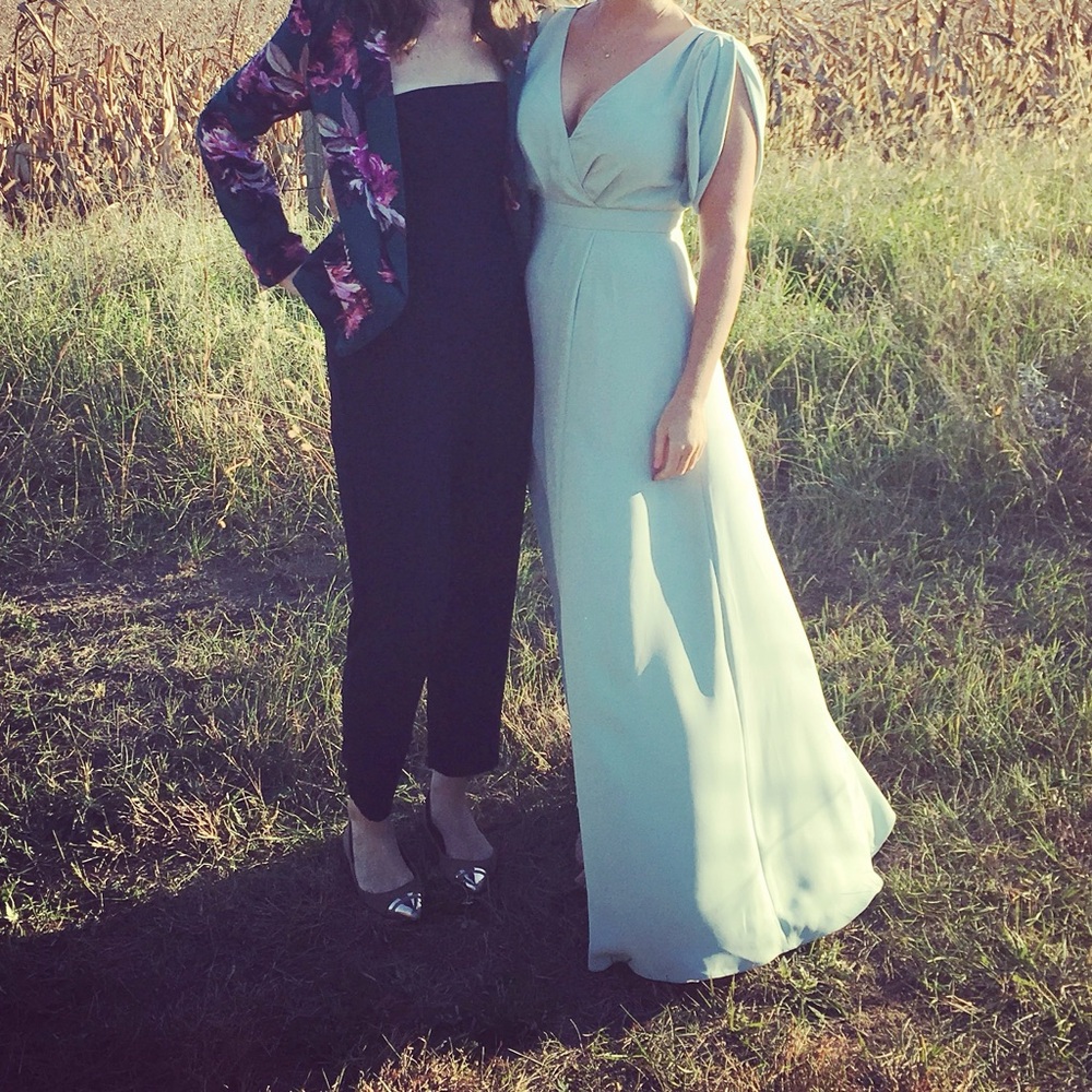 Gorgeous sage green silk crepe JCrew long bridesmaid dress